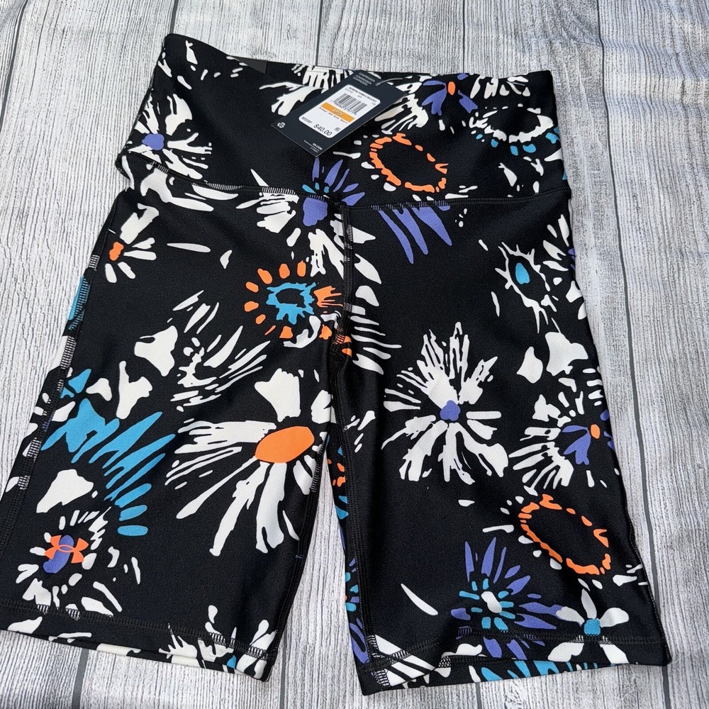 Under Armour Women's Small Compression High Rise Bike Shorts Black Floral NEW